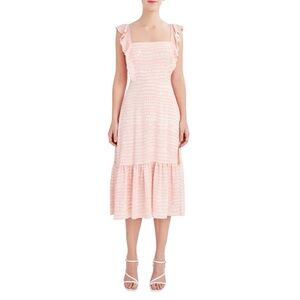 BCBG Paris Sandy Dots Womens Midi Dress Salmon Pink Pebble Ruffle Strap M 8-10